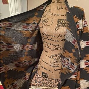 Lucky Brand Charcoal Gray and Mustard Aztec Open Cardigan